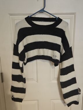 Gray & White Striped Distressed Cropped Sweater